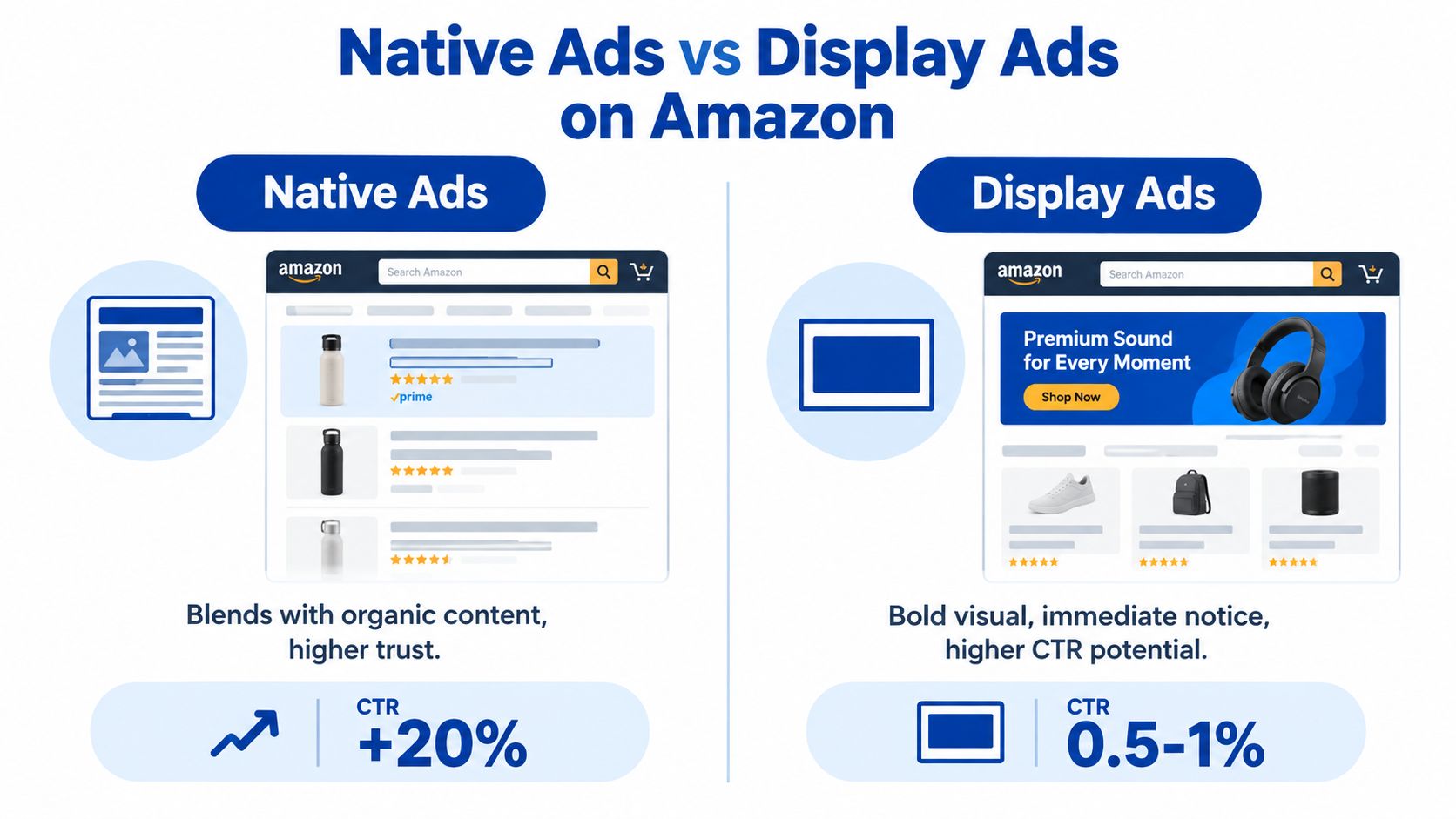 A comparison infographic showing the difference between Amazon native ads and display ads with key metrics.