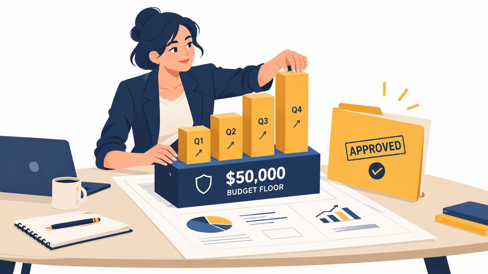A professional woman adjusts a bar chart on a desk with a budget floor of fifty thousand dollars.