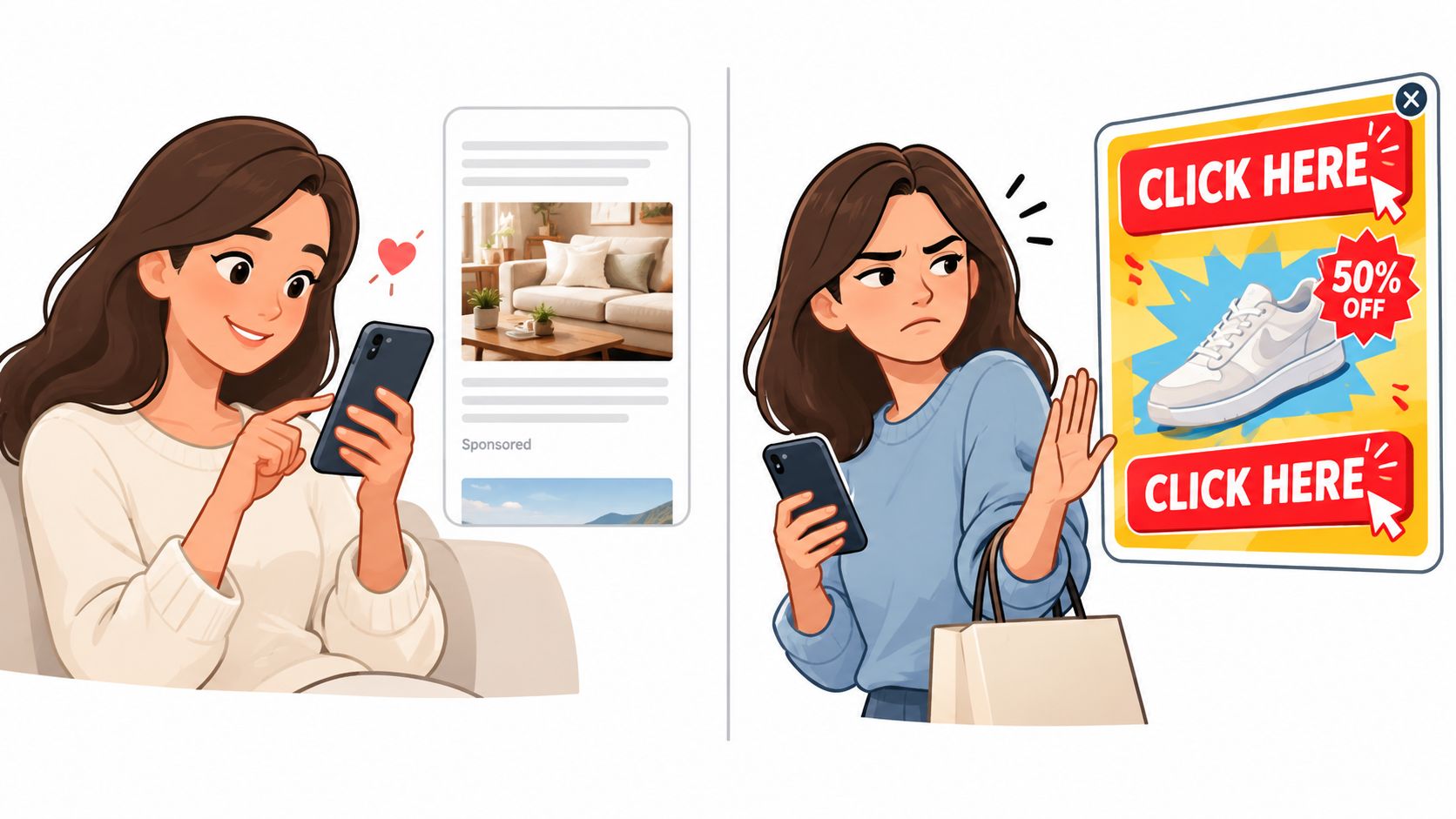A split illustration comparing a positive reaction to native advertising versus a negative reaction to intrusive display ads.