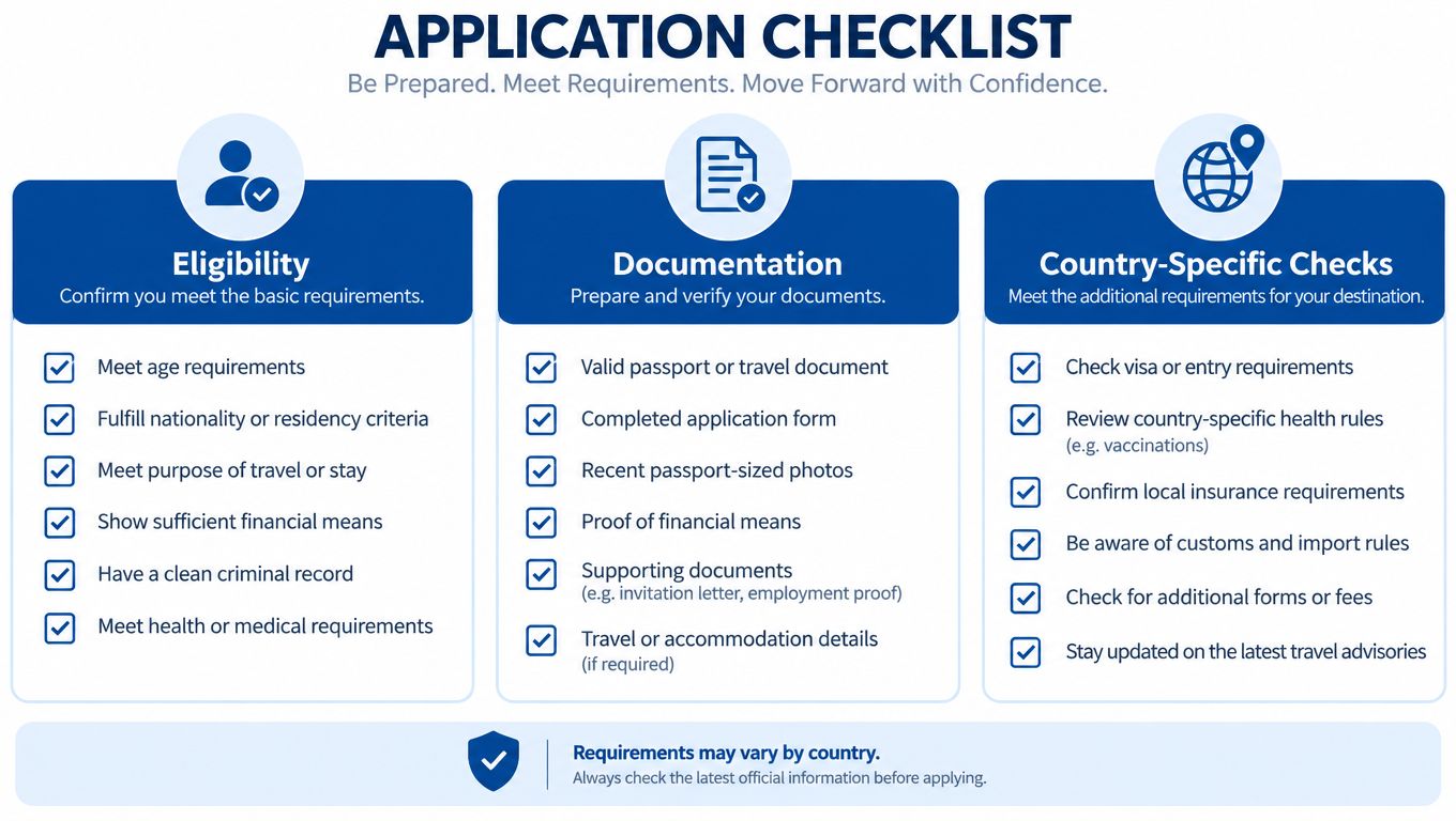 A comprehensive checklist for visa and travel applications organized into eligibility, documentation, and country-specific requirements.