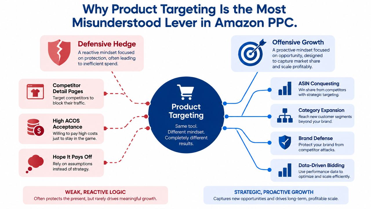 A diagram contrasting defensive versus proactive mindset strategies when using product targeting in Amazon PPC advertising.