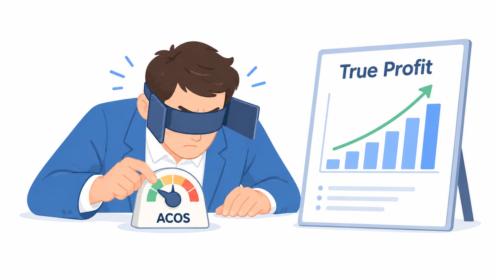 A businessman wearing blinders focused on an ACOS gauge while ignoring a rising true profit chart.