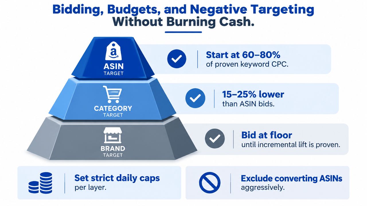 A pyramid diagram illustrating Amazon PPC bidding strategies for ASIN, category, and brand targeting to reduce ad spending.
