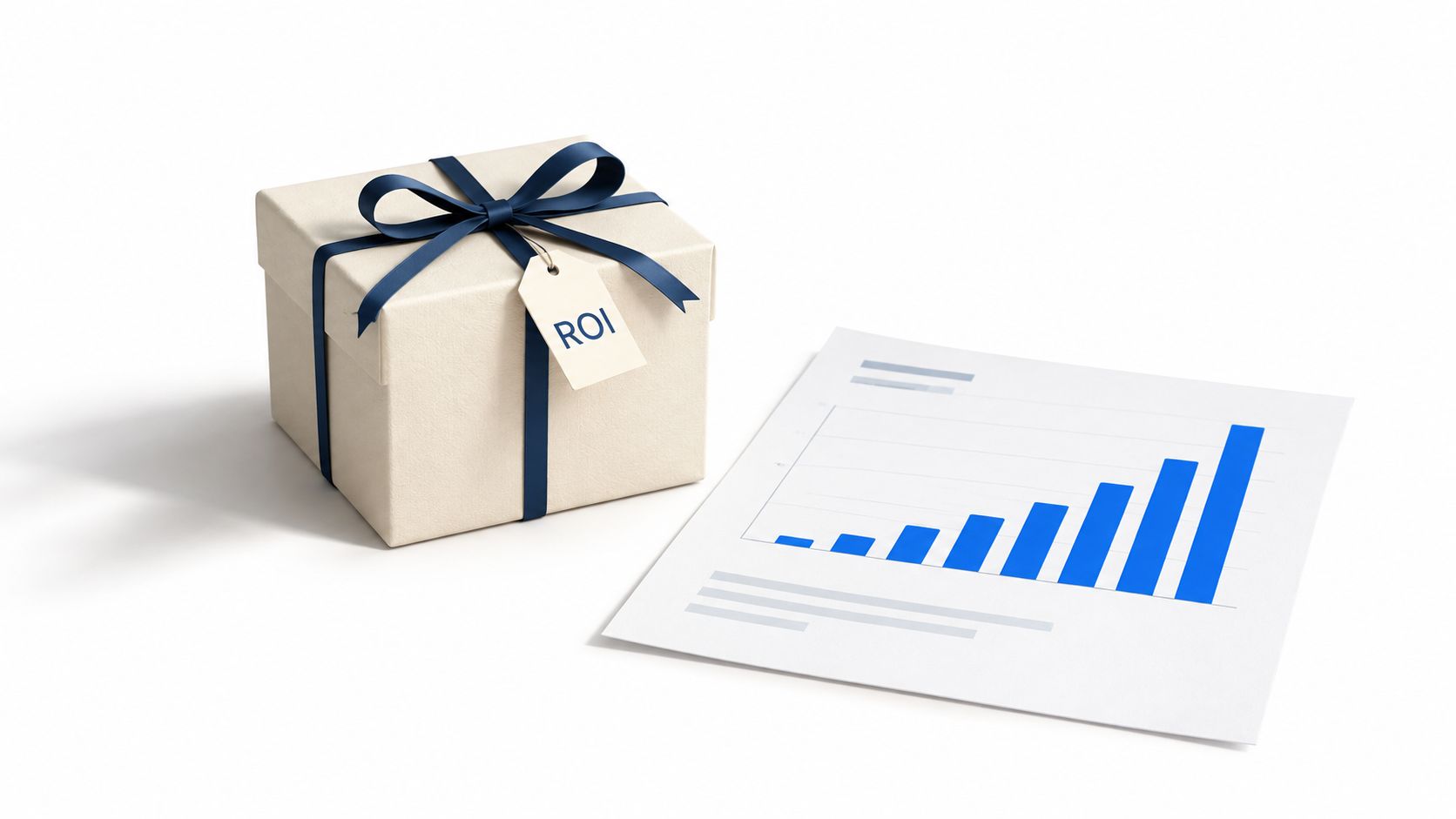 A gift box labeled ROI with a blue ribbon next to a paper document showing upward growth.