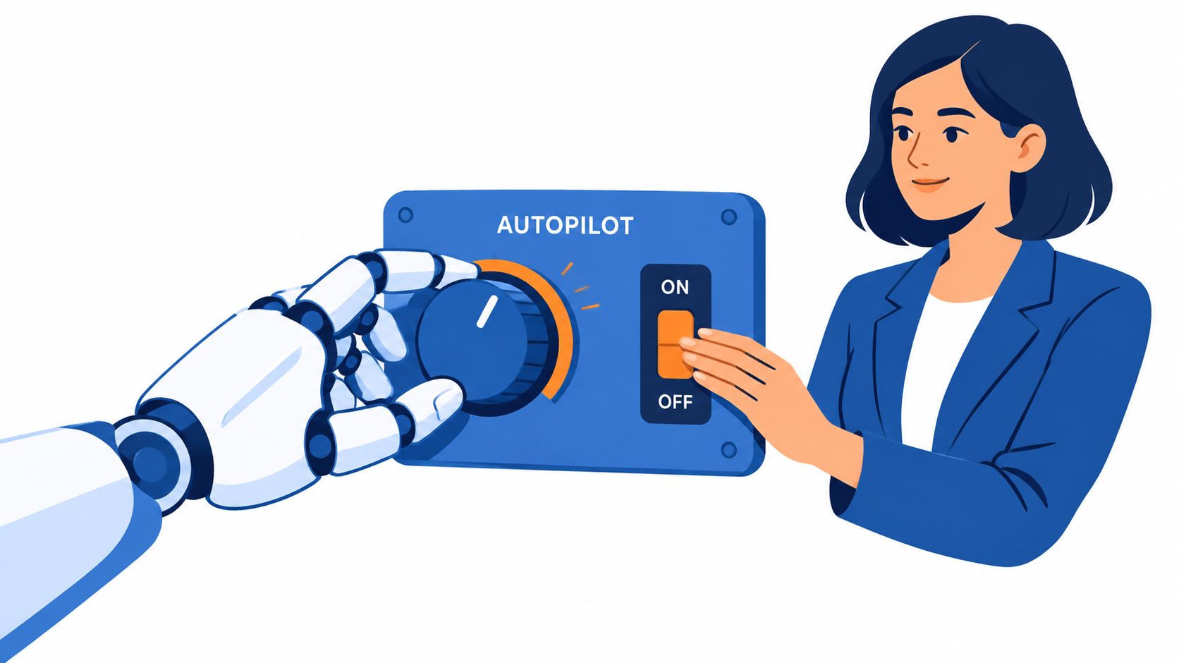 A robot hand and a professional woman collaborating together to switch on an autopilot control panel.