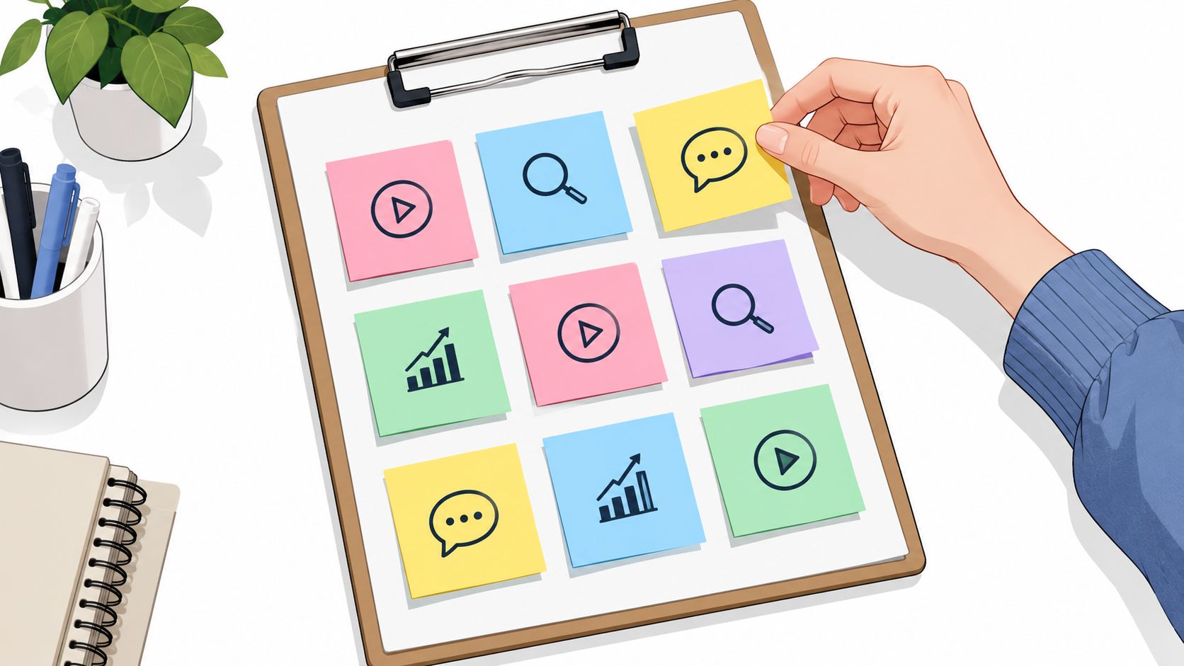 A hand placing a sticky note with a chat icon onto a clipboard containing various business icons.