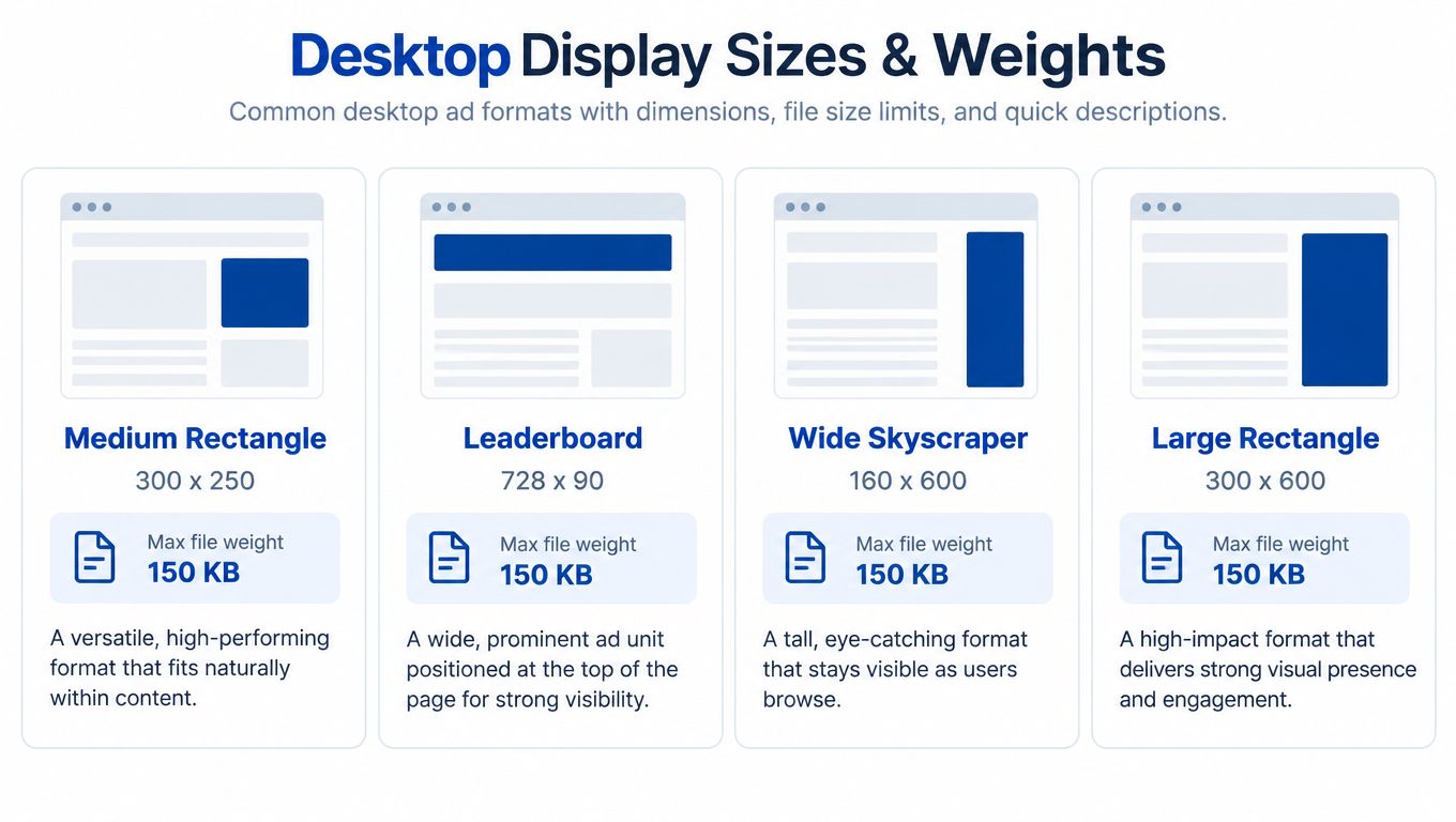 A chart showing common desktop display ad sizes including medium rectangle, leaderboard, wide skyscraper, and large rectangle.