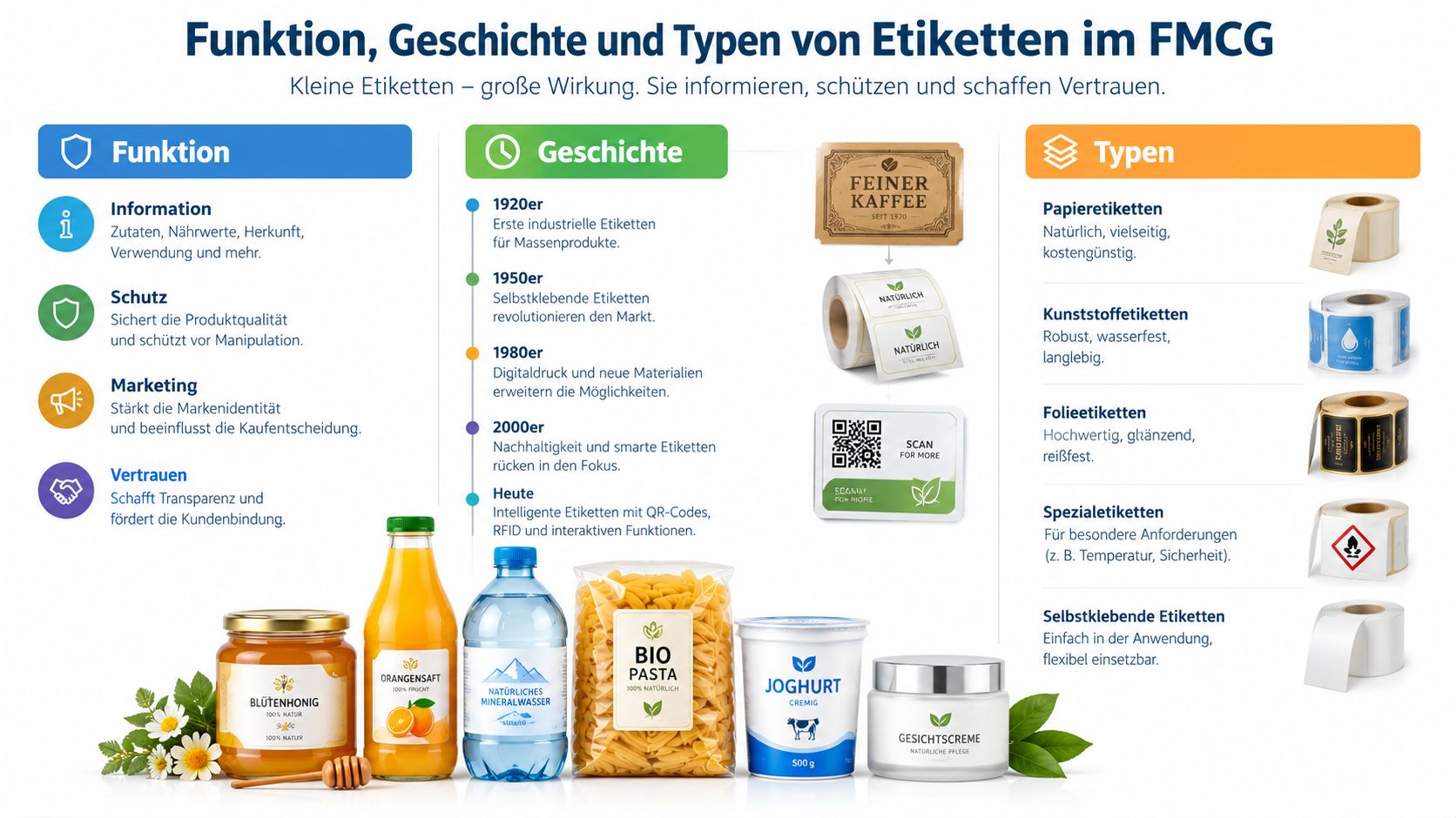 Eine Infografik zur Funktion, Geschichte und den verschiedenen Typen von Produktetiketten in der FMCG-Industrie.