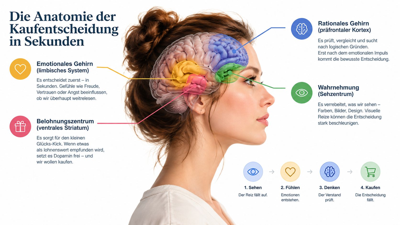 Eine Infografik zeigt die Anatomie der Kaufentscheidung im menschlichen Gehirn von der Wahrnehmung bis zur finalen Handlung.