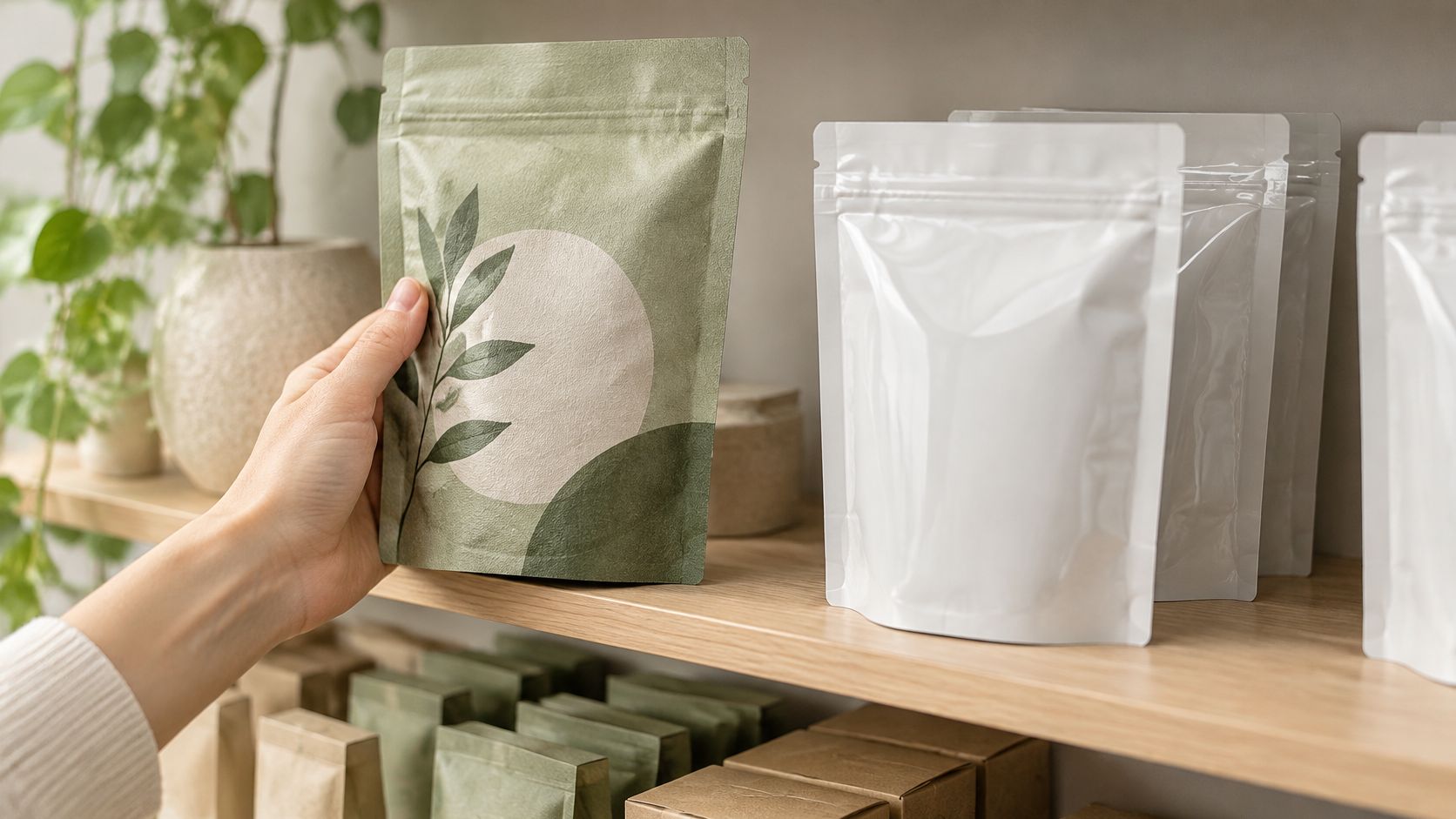 Eine Hand hält eine umweltfreundliche Produktverpackung aus Papier in einem Geschäft mit weiteren Regalen im Hintergrund