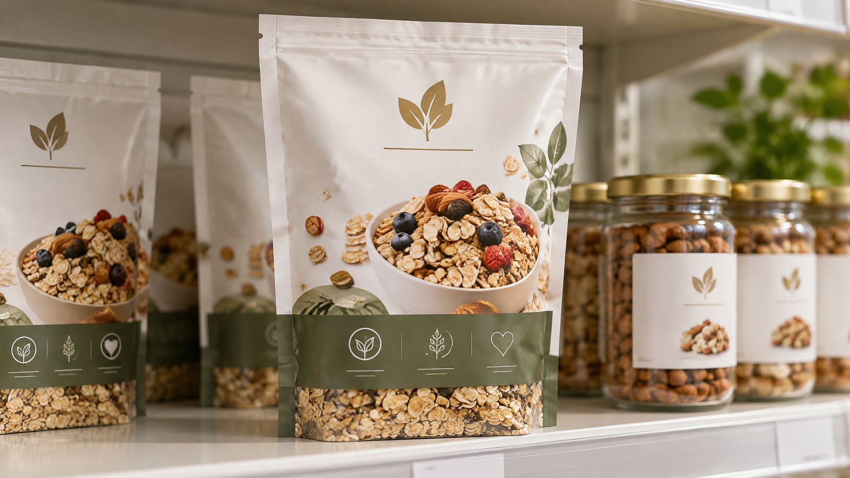 Packungen mit Bio-Müsli und Gläser mit Nüssen ordentlich in einem Verkaufsregal in einem Geschäft aufgereiht