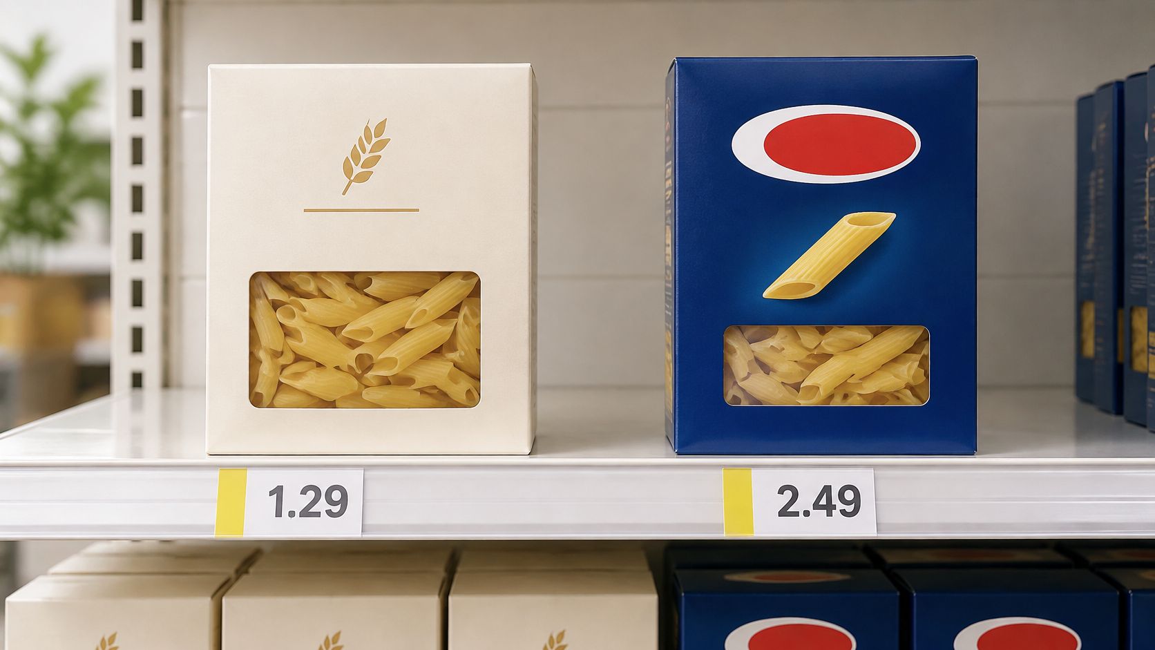 Zwei Nudelverpackungen, eine in Creme und eine in Blau, stehen nebeneinander im Supermarktregal mit Preisetiketten.