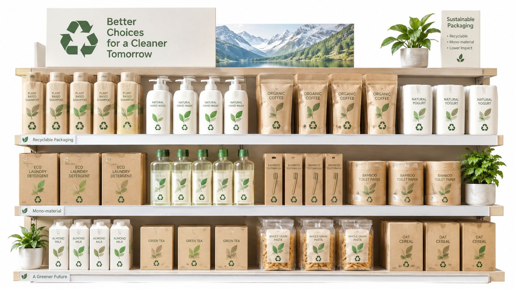 Ein gut sortiertes Verkaufsregal mit nachhaltigen Produkten in umweltfreundlichen Verpackungen für einen nachhaltigen Lebensstil.