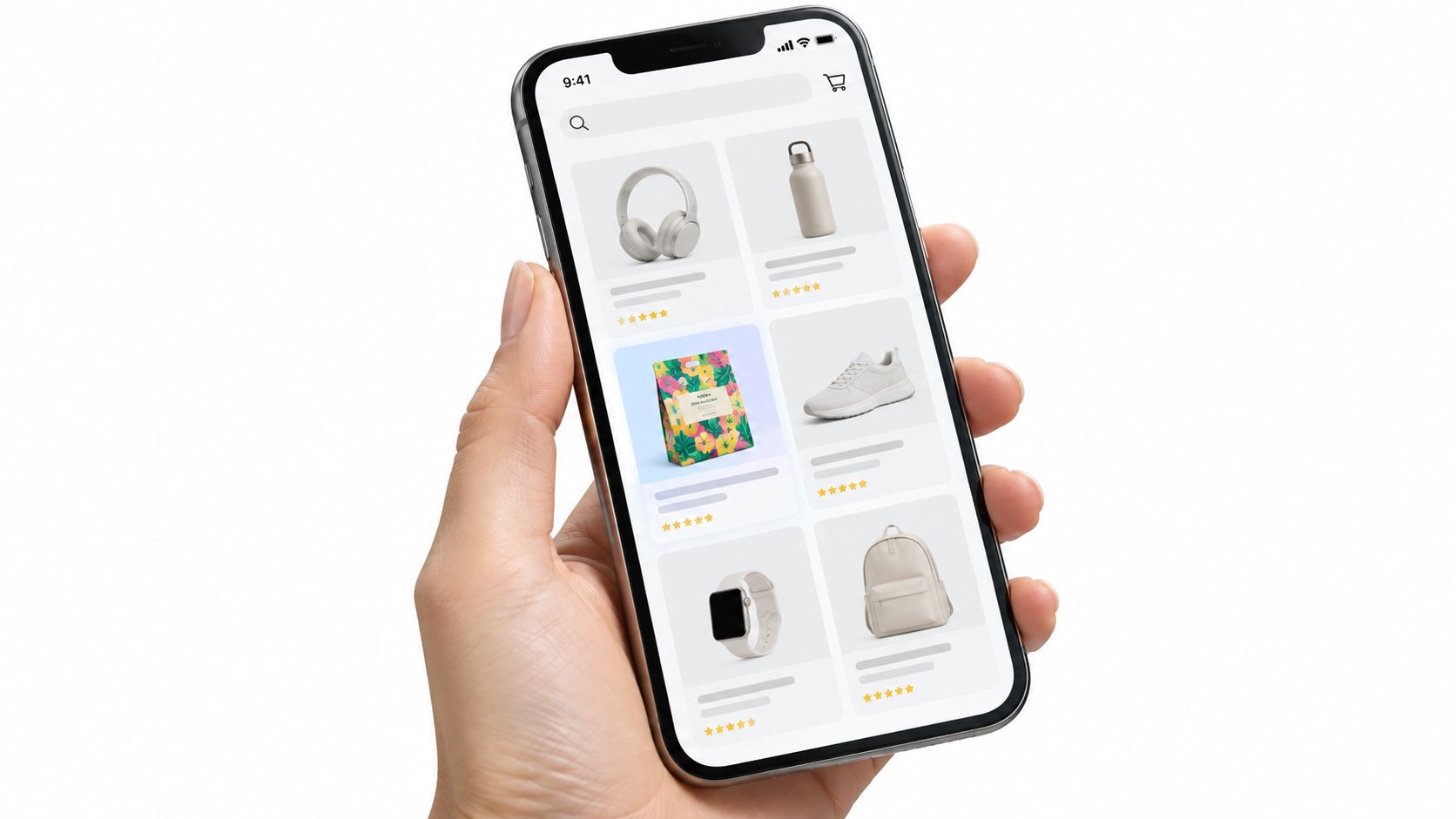 Eine Hand hält ein Smartphone, das ein E-Commerce-Interface mit verschiedenen Lifestyle-Produkten und Bewertungssternen auf dem Display anzeigt.