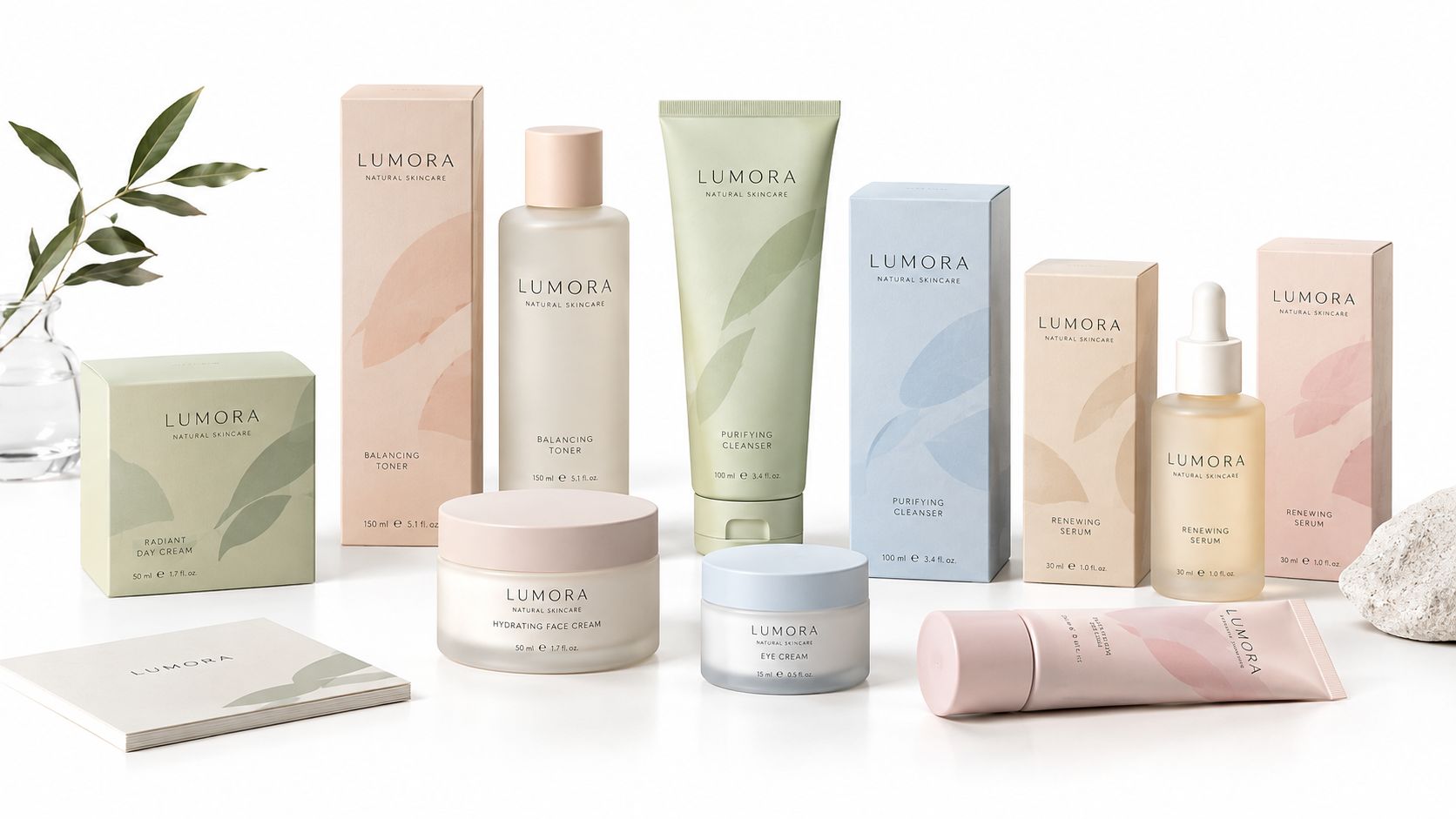 Eine Kollektion von eleganten Lumora Hautpflegeprodukten mit cremefarbenen Flaschen und Verpackungen auf einem hellen Hintergrund.