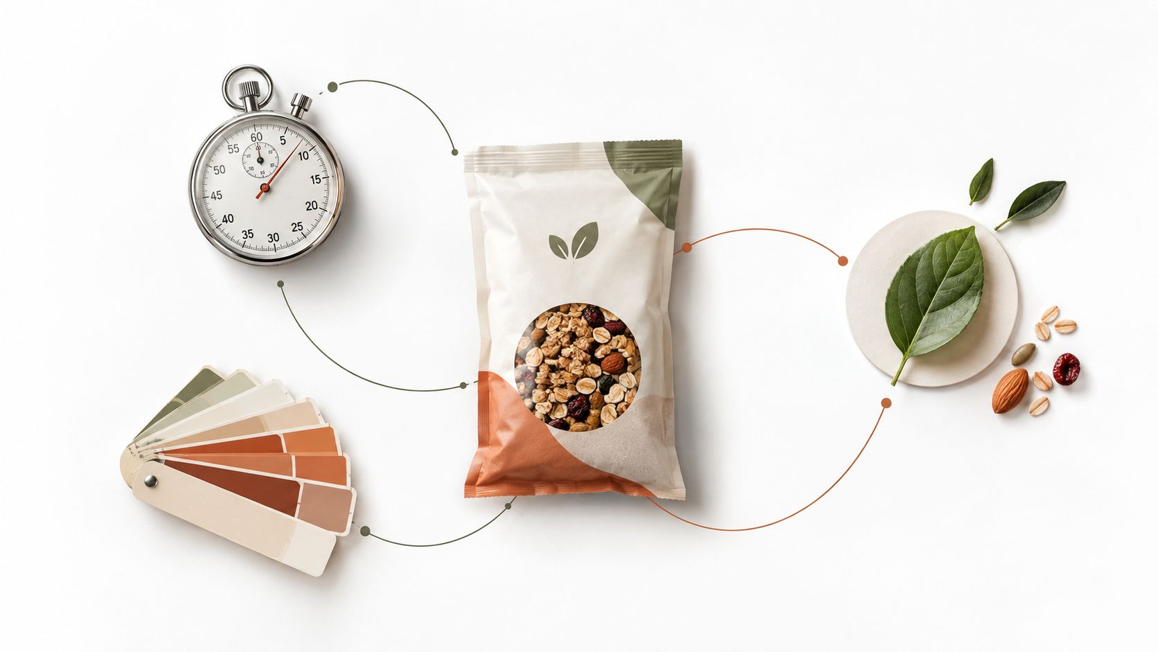 Ein verpacktes Müsli-Produkt mit Stoppuhr, Farbmusterfächer und natürlichen Zutaten als Design- und Marketing-Konzept dargestellt.