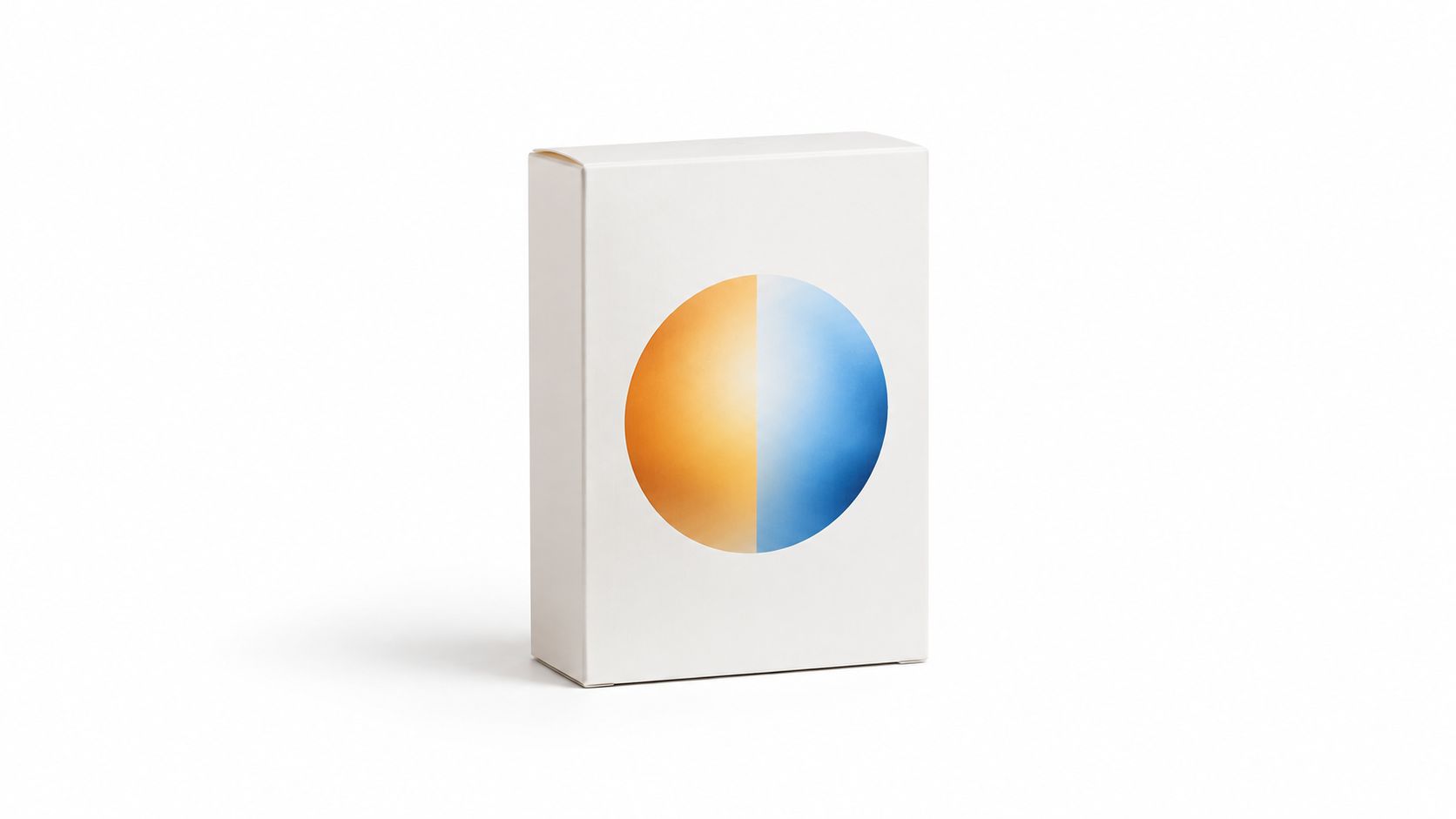 Eine minimalistische, weiße Produktverpackung mit einem kreisförmigen, zweifarbigen Logo in Orange und Blau auf der Vorderseite.