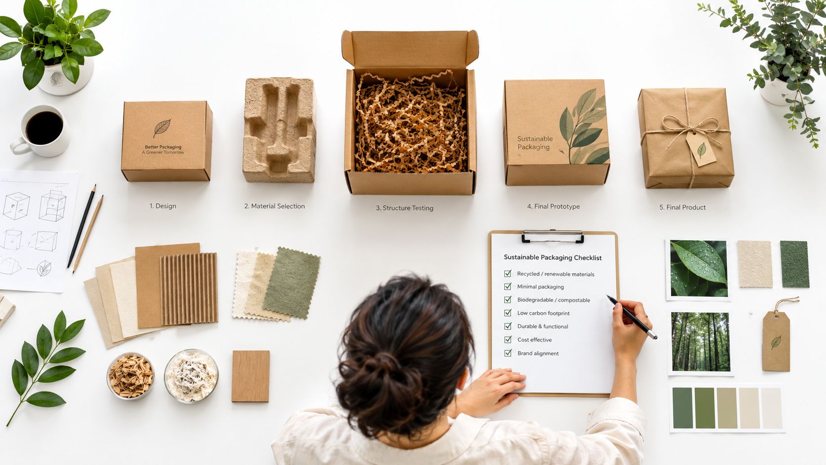 Eine Person &uuml;berpr&uuml;ft eine Checkliste f&uuml;r nachhaltige Verpackungsdesigns auf einem Schreibtisch mit verschiedenen umweltfreundlichen Materialien und Prototypen.