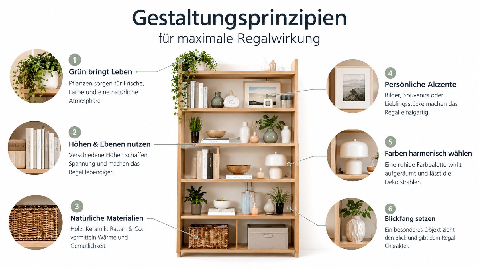 Eine Infografik mit sechs Gestaltungstipps für eine stilvolle und harmonische Dekoration eines offenen Holzregals mit verschiedenen Accessoires.