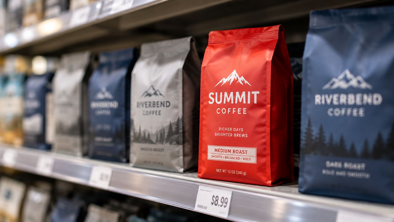 Verschiedene Packungen mit Kaffee der Marke Summit und Riverbend stehen ordentlich in einem Supermarktregal aufgereiht.