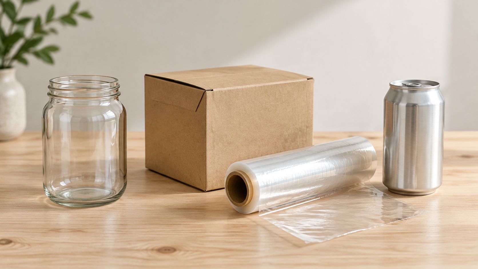 Ein leeres Glas, ein brauner Karton, eine Plastikfolienrolle und eine Aluminiumdose auf einem Holztisch präsentiert.