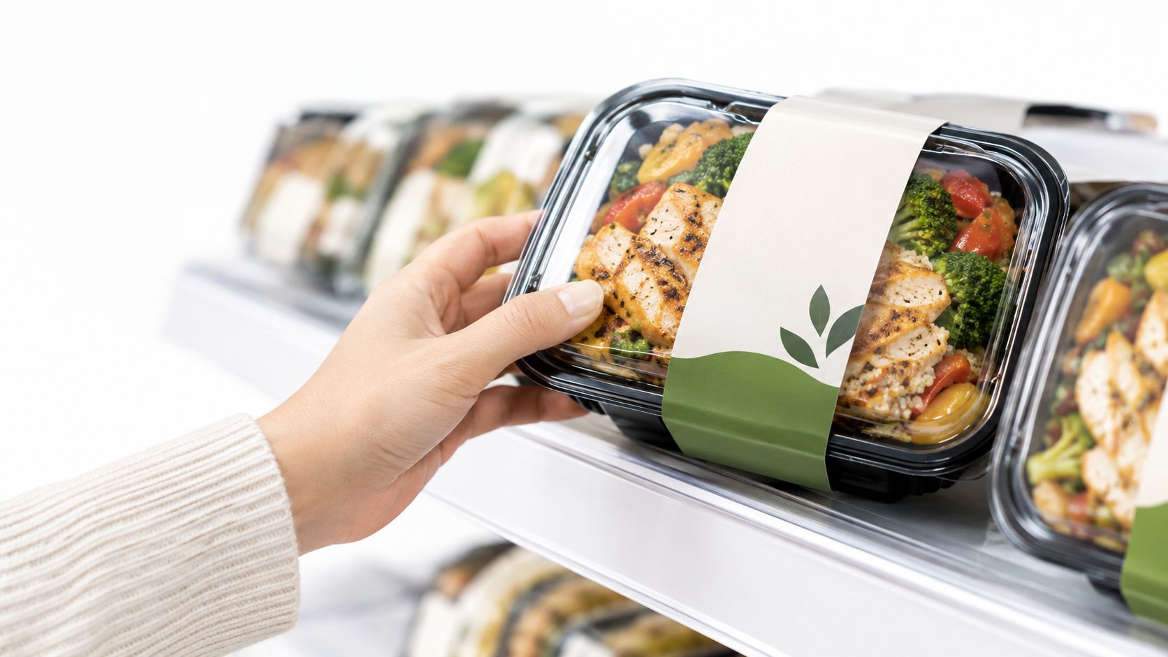 Eine Hand nimmt ein verpacktes Fertiggericht mit gegrilltem Hähnchen und Gemüse aus einem Supermarktregal.