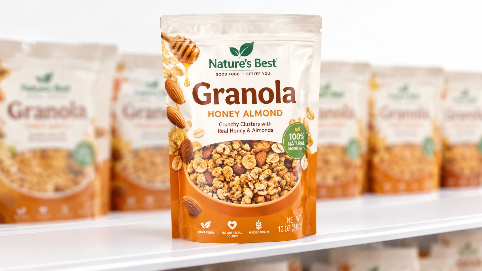 Eine Packung Nature's Best Granola mit Honig und Mandeln steht ordentlich in einem Regal im Supermarkt.