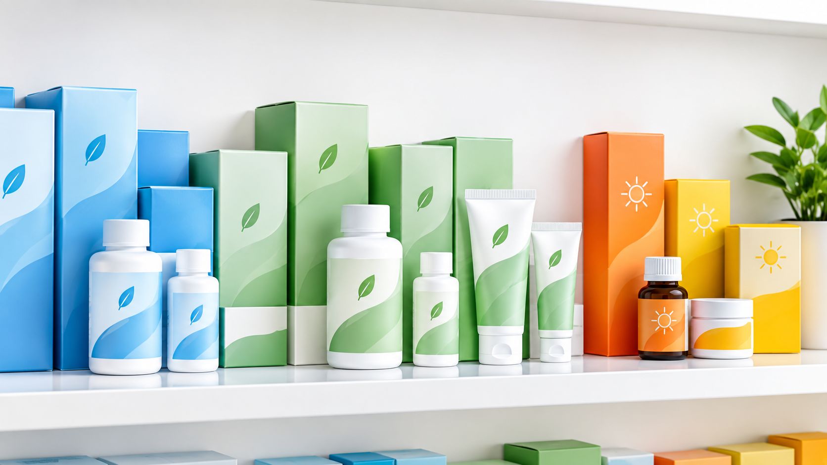 Verschiedene Hautpflegeprodukte und Kosmetikartikel in bunten Verpackungen auf einem ordentlichen Regal in einer Apotheke.