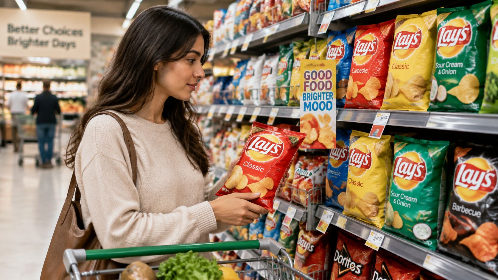 Eine Frau wählt in einem Supermarkt eine Packung Lay's Kartoffelchips aus einem gut gefüllten Verkaufsregal aus.