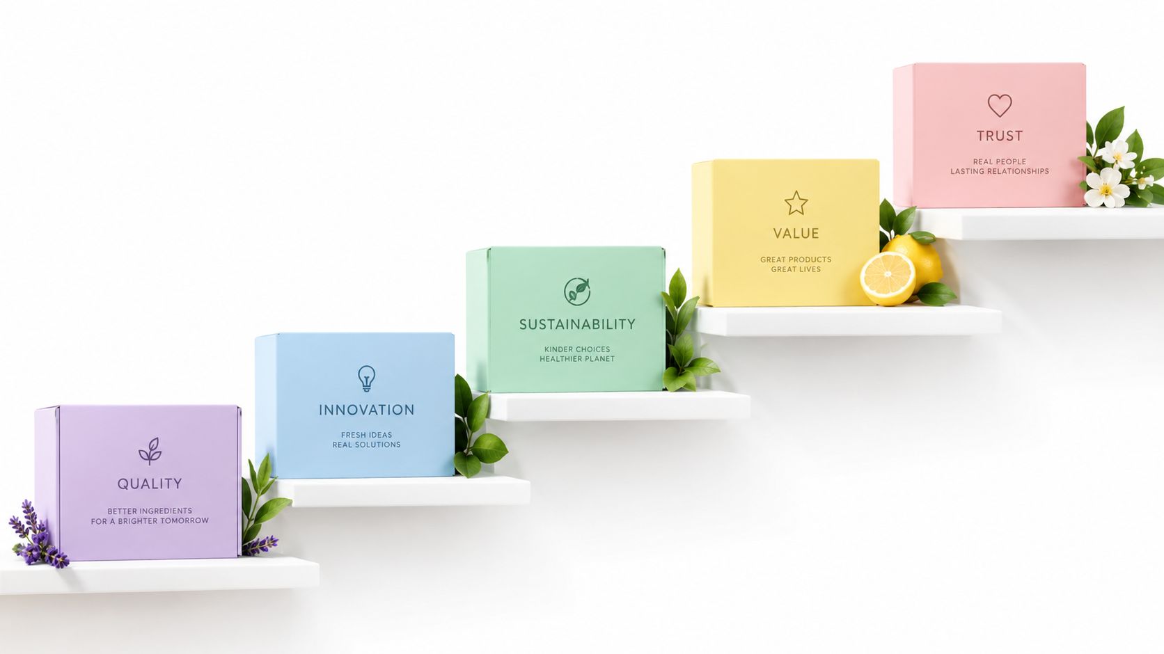 Fünf farbenfrohe Boxen mit verschiedenen Unternehmenswerten wie Qualität und Nachhaltigkeit auf weißen Regalen in einer Treppenanordnung.
