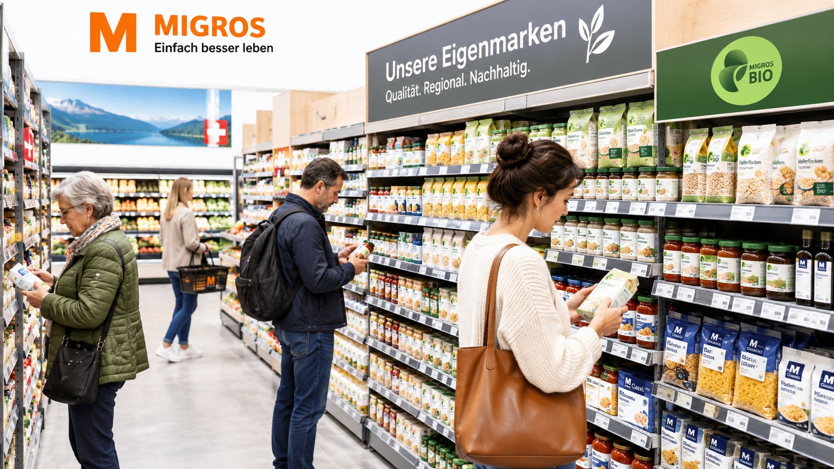 Kunden wählen Produkte der Migros-Eigenmarken aus den gut gefüllten Regalen in einem hellen, freundlichen Supermarkt aus.