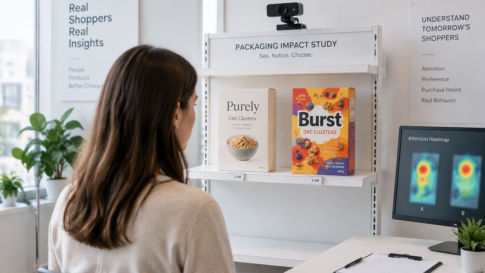 Eine Frau betrachtet zwei verschiedene Müslipackungen während einer wissenschaftlichen Studie über das Verpackungsdesign im Einzelhandel.