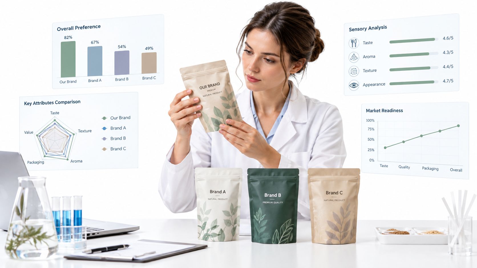 Eine Wissenschaftlerin in einem Labor analysiert Verpackungen von Eigenmarken und vergleicht diese mit verschiedenen Marktdaten auf Monitoren.