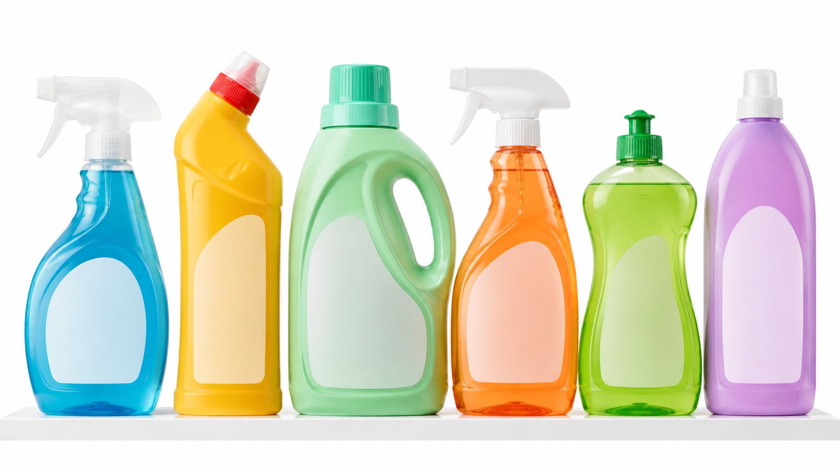 Verschiedene bunte Reinigungsmittel in Plastikflaschen stehen in einer Reihe auf einer weißen Oberfläche vor weißem Hintergrund.