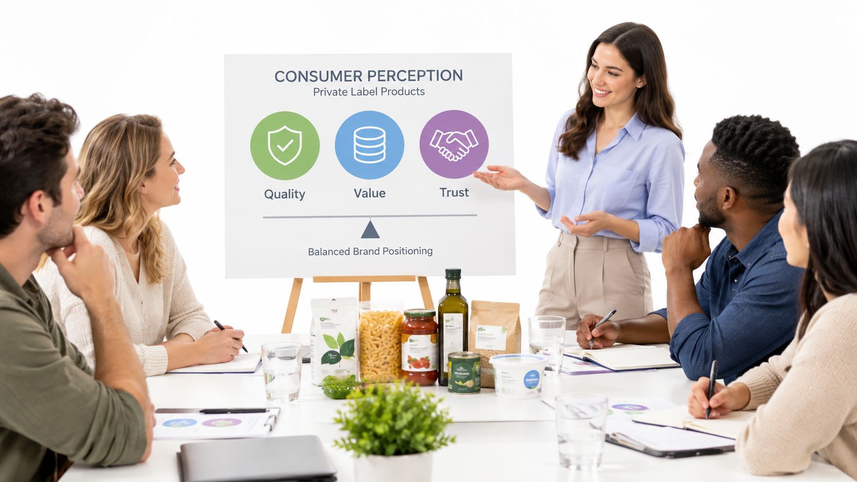 Eine Geschäftsfrau präsentiert bei einem Meeting Strategien zur Positionierung von Private-Label-Produkten vor ihrem Team im Büro.