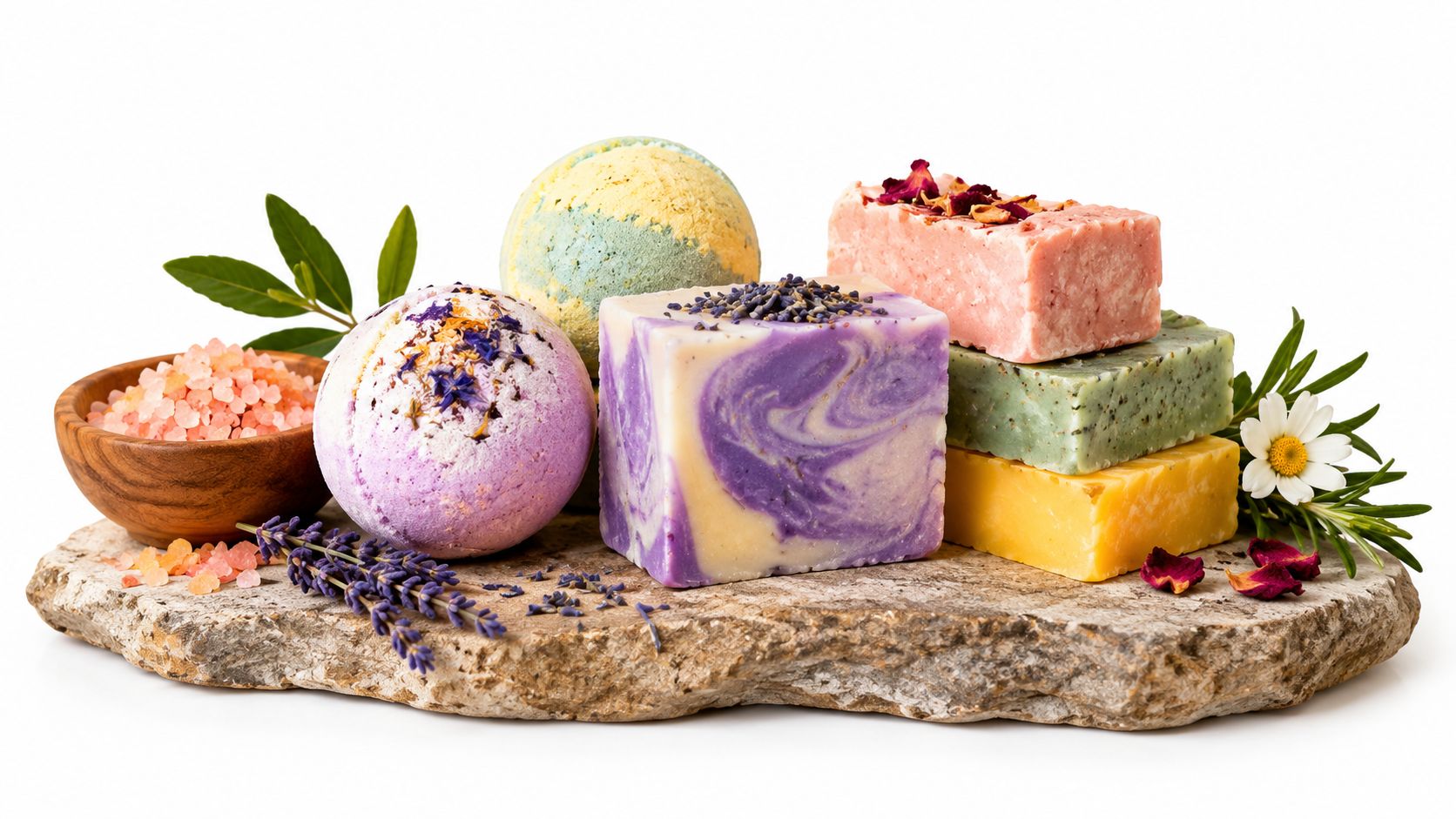 Verschiedene bunte Badesalze, Badebomben und handgefertigte Naturseifen auf einem Stein platziert für eine entspannende Wellness-Atmosphäre.