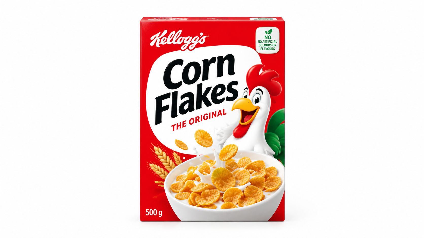 Eine rote Verpackung von Kellogg's Corn Flakes mit dem berühmten Hahn-Maskottchen und einer Schüssel mit Cerealien.