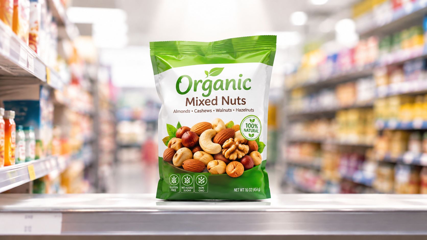 Eine grüne Tüte mit Bio-Nussmischung steht auf einem Supermarktregal vor unscharf im Hintergrund erkennbaren weiteren Waren.