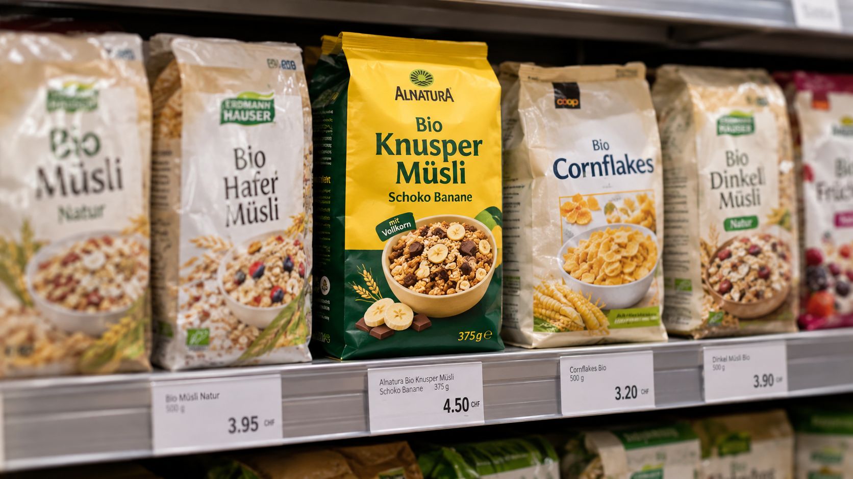 Ein Verkaufsregal mit verschiedenen Bio-Müslis und Cornflakes der Marke Alnatura sowie Erdmann Hauser mit jeweiligen Preisschildern.