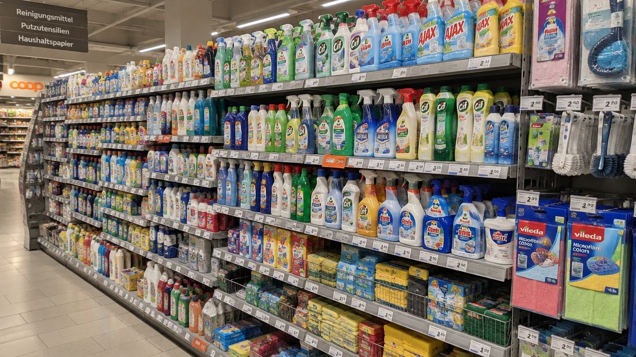 Ein breites Regal in einem Supermarkt mit einer großen Auswahl an verschiedenen Reinigungsmitteln und Putzutensilien.
