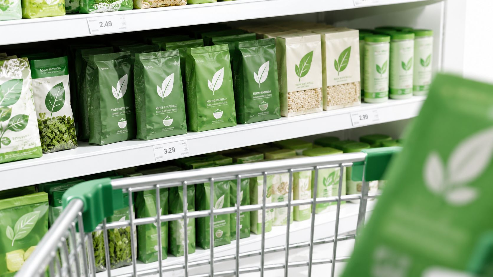 Ein Supermarktregal mit zahlreichen gr&uuml;nen Produkten, die umweltfreundliche Lebensmittel und nachhaltige Verpackungen pr&auml;sentieren.