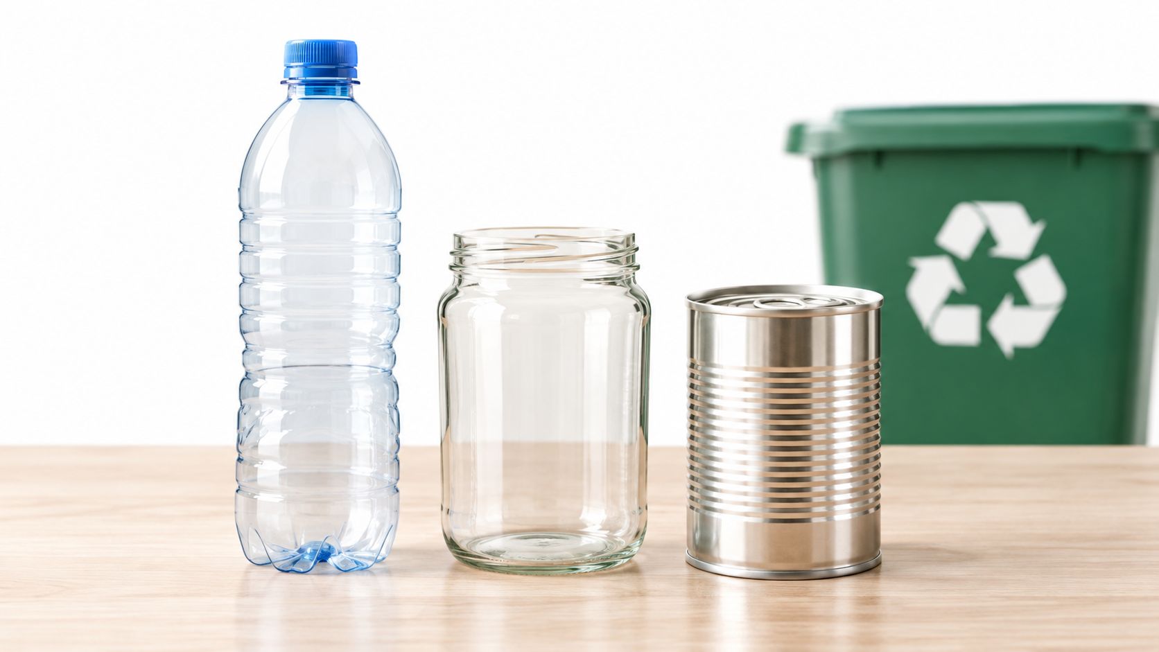 Eine Plastikflasche, ein Glasbehälter und eine Konservendose stehen vor einer grünen Mülltonne mit dem Recycling-Symbol.