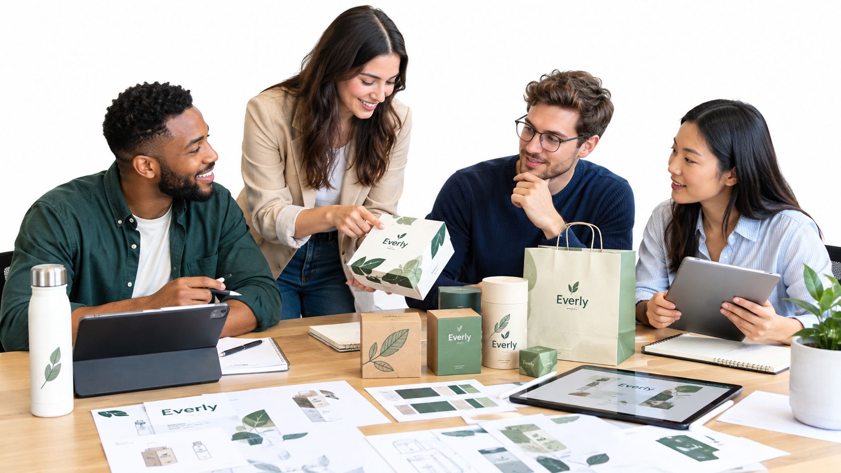 Ein diverses Team von Fachleuten bespricht gemeinsam Everly-Produktdesigns und Verpackungskonzepte in einem hellen, professionellen Büro.