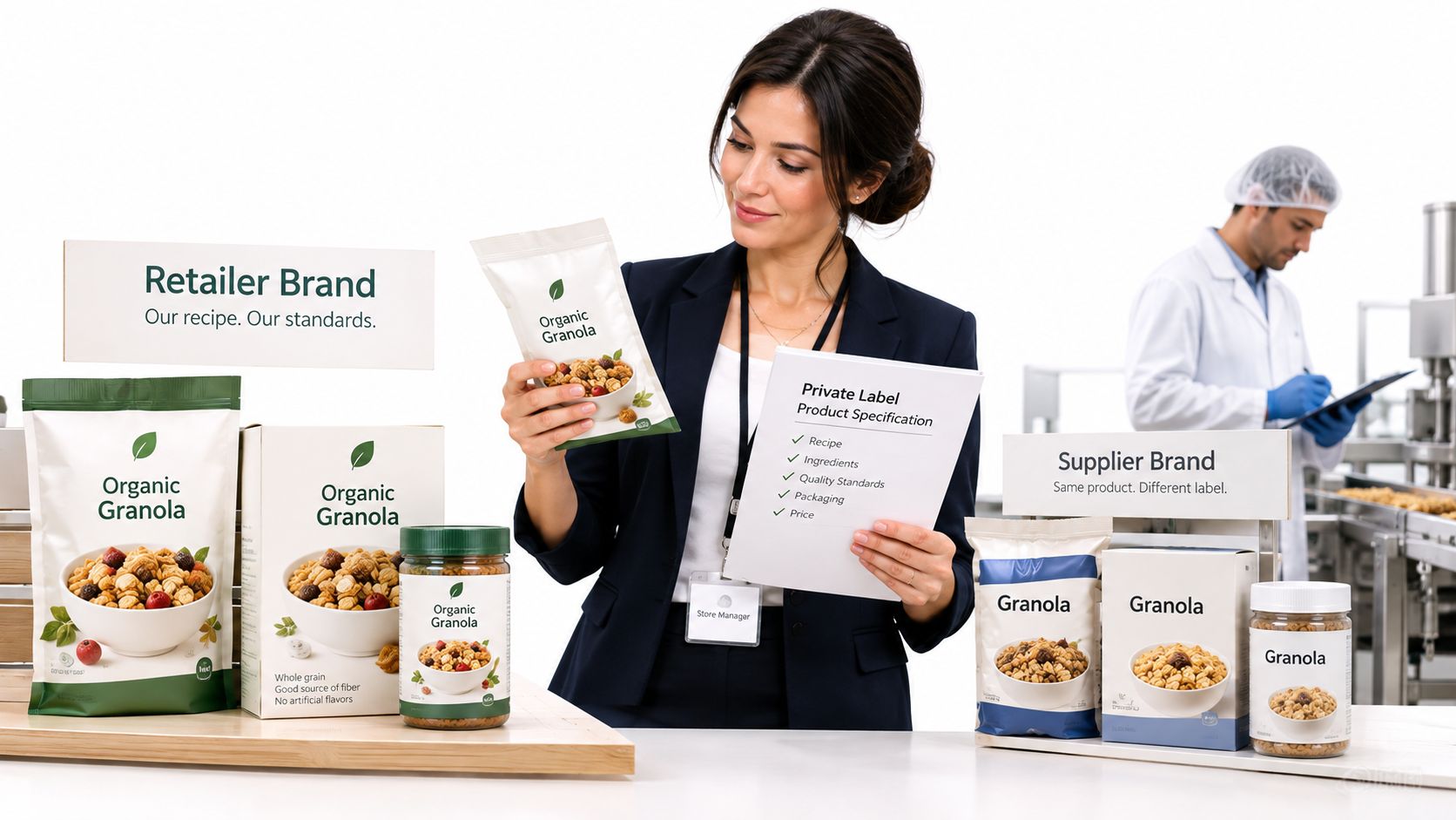 Eine Geschäftsfrau prüft die Produktspezifikationen für verschiedene Granola-Artikel von Eigenmarken und Lieferanten in einer Produktionsumgebung.