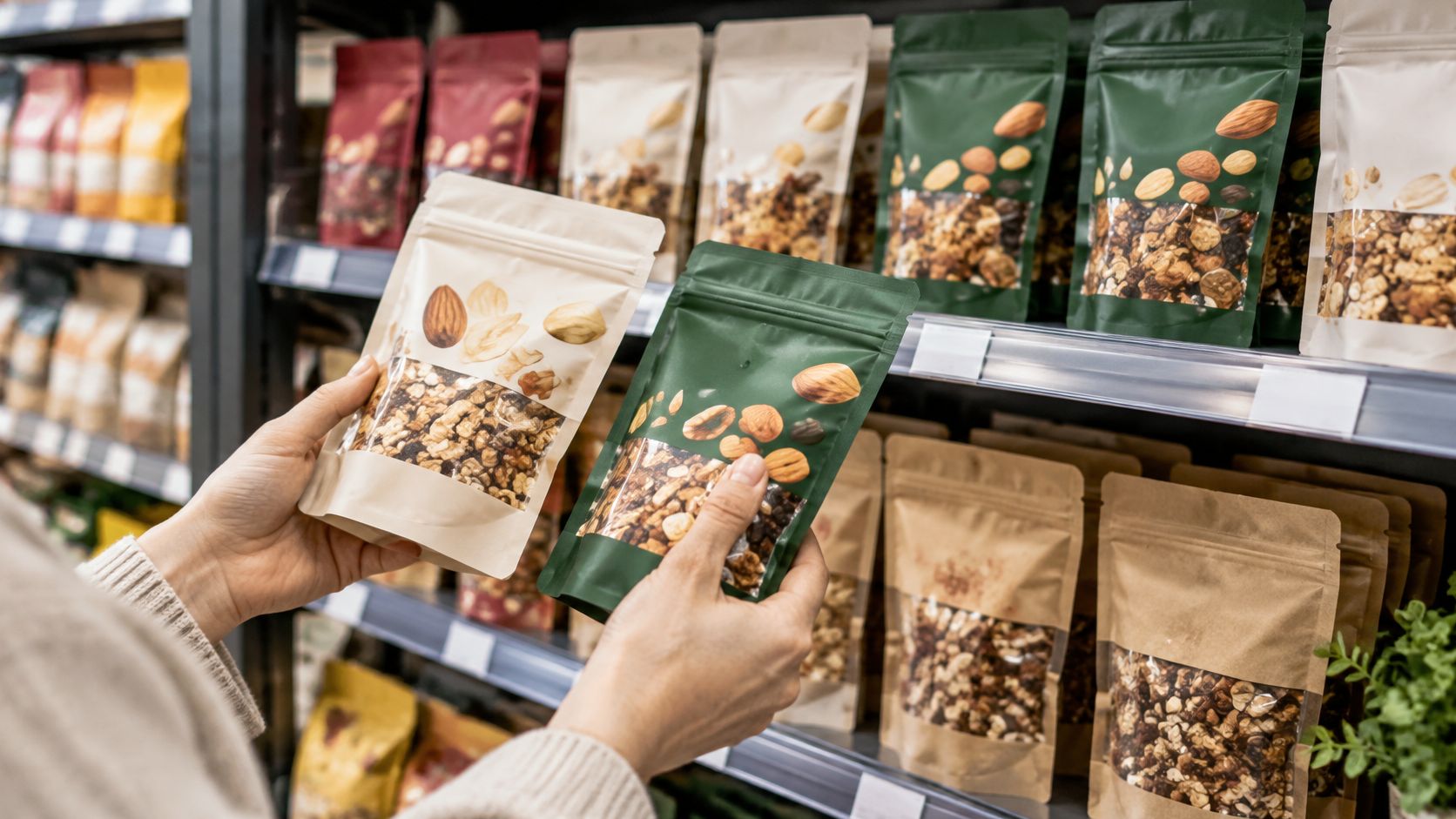 Eine Person vergleicht zwei Packungen Müsli in einem Lebensmittelgeschäft, um die beste Wahl zu treffen.