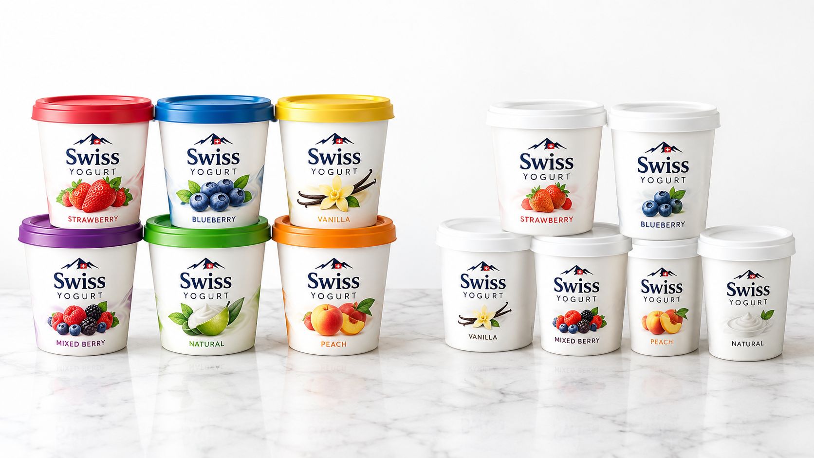 Verschiedene Becher mit Swiss Yogurt in unterschiedlichen Geschmacksrichtungen wie Erdbeere, Blaubeere und Vanille auf einem Marmortisch arrangiert.
