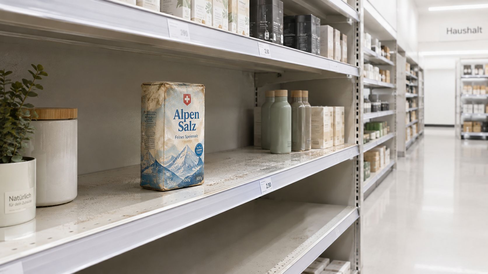 Eine Packung Alpen Salz steht einsam in einem ansonsten fast leeren Verkaufsregal in einem gut beleuchteten Supermarkt.