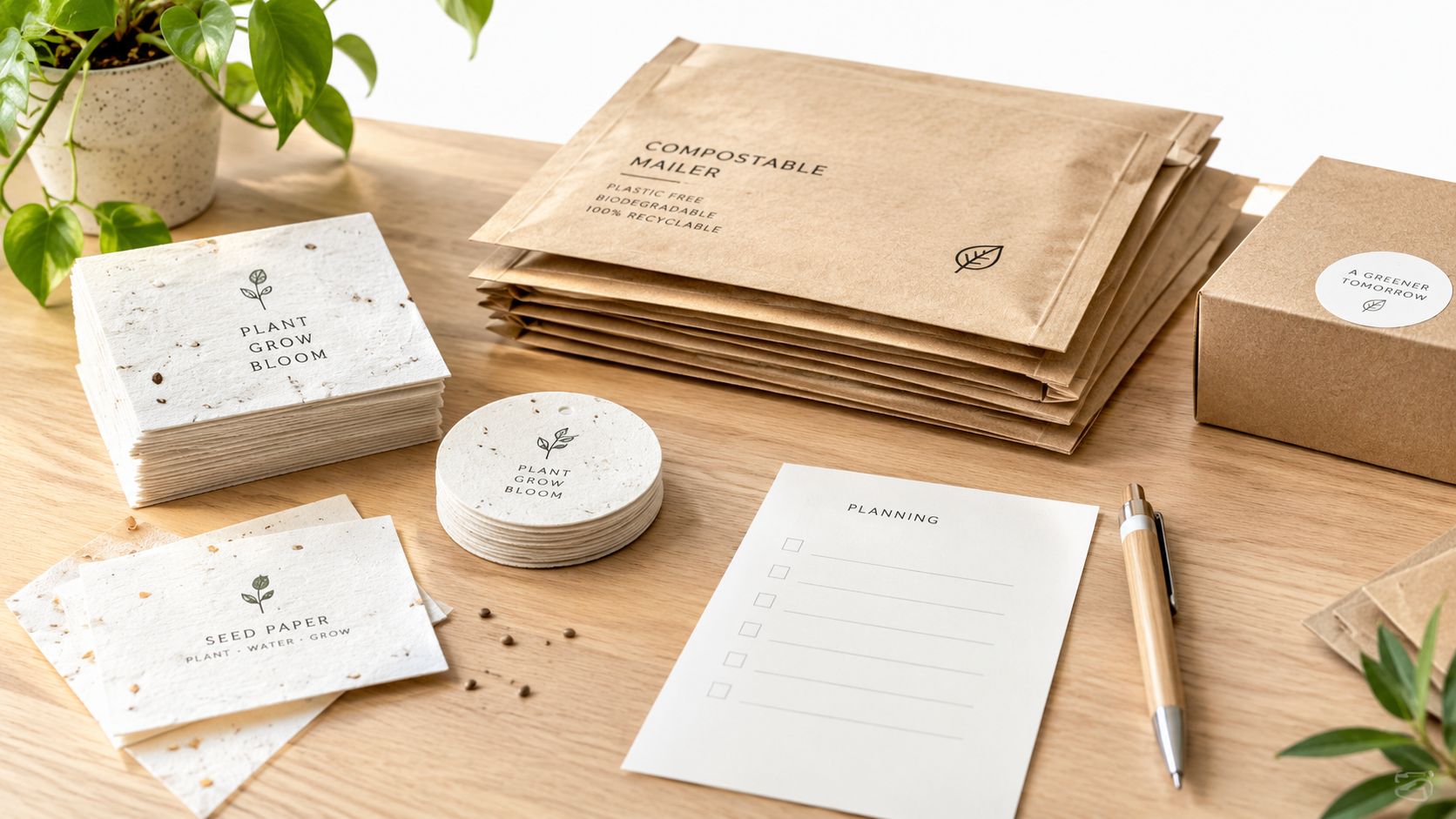 Umweltfreundliche Verpackungsmaterialien aus Recyclingpapier mit Samenpapierkarten, einem Notizblock und einem Stift auf einem Holztisch.