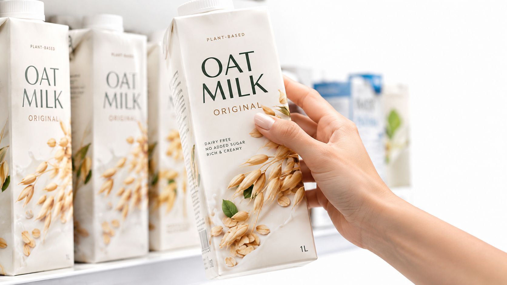 Eine Hand greift nach einer Packung Hafermilch der Eigenmarke in einem gut sortierten Supermarktregal.
