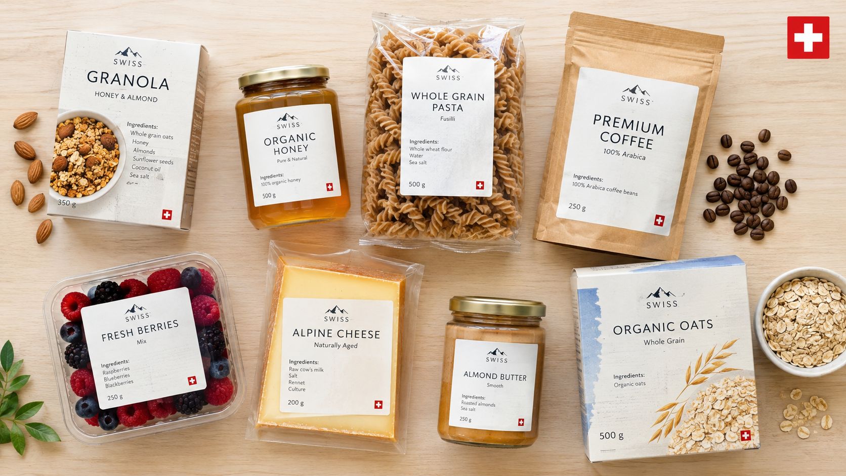 Verschiedene Schweizer Lebensmittelprodukte auf einem Holztisch, darunter Honig, Nudeln, Kaffee, Beeren, Käse, Mandelbutter und Haferflocken.
